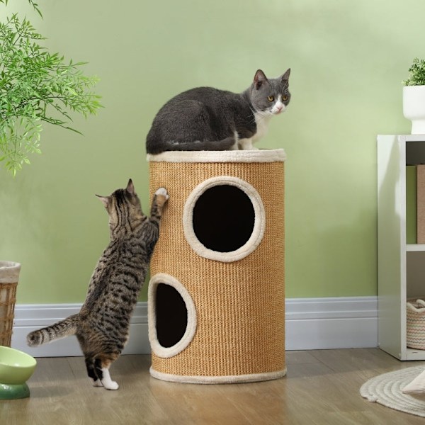Rootz Cat Tower Barrel - Multi-Level Cat Activity Center - Ridsestolper - Plys polstrede hjørner - Sisal Udvendig - Brun & Beige - 35 cm x 60 cm