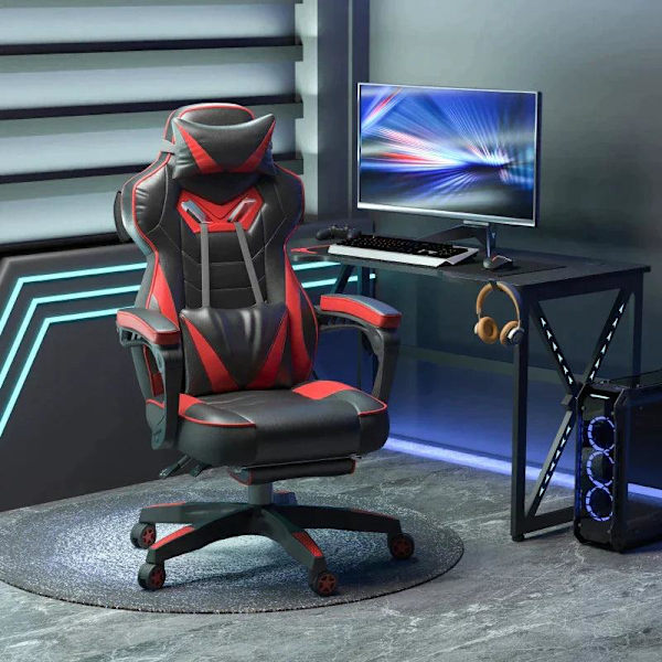 Rootz Gaming Chair - Ergonomisk kontorstol - Drejestol - Justerbar ryg - Skum+PU Læder+Metal, Sort+Rød