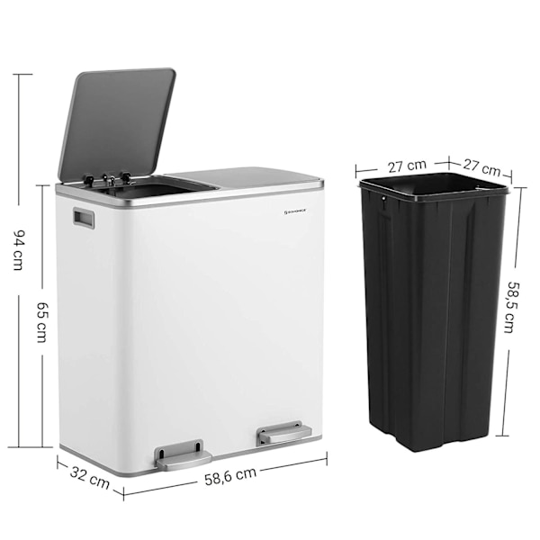 Rootz skraldespand - Pedalspand - 30 liter - 2 rum - Affaldsadskillelse - Plastik - Indvendig spand - Soft Close - Lufttæt - 58,6 x 32 x 65 cm