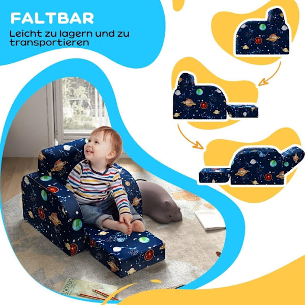 Rootz Kids Foldbar Lænestol - Børnesofa - Hyggelig seng - Multifunktionel - Planetmønster - Let at rengøre - Blå - Skum/Polyester - 46,5 cm x 93 cm x