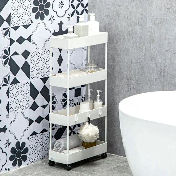 Rootz Køkkenvogn - Serveringsvogn - Køkkenvogn - Med 4 hylder - 3 fleksible kroge - 4 hjul - Hvid - 40cm x 19cm x 90cm