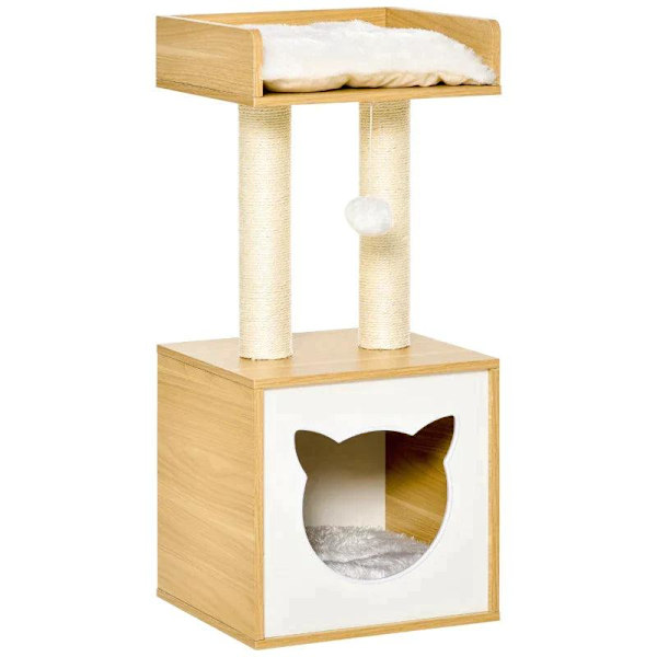 Rootz Cat Nest - Kradsestolpe - Kattehule - 2 bløde puder Kattetræ med seng - Kattekradsestolpe - Natur - 35 x 35 x 81 cm