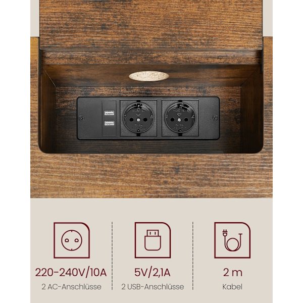 Rootz Vintage Ruskea-muste Musta lastulevy teräksinen sivupöytä - Päätypöytä - Virtajohto - Tarvikepaketti - Ohjeet - Suuri 25 cm x 120 cm x 81,1 cm -