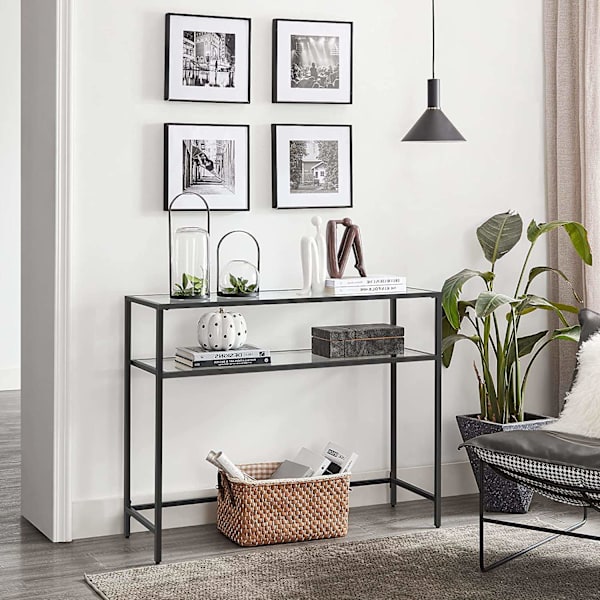 Rootz Black Metal Glass Console Bord - Entrébord - Soffbord - Robust konstruktion - Rymliga hyllor - Modern design - 100cm x 35cm x 80cm