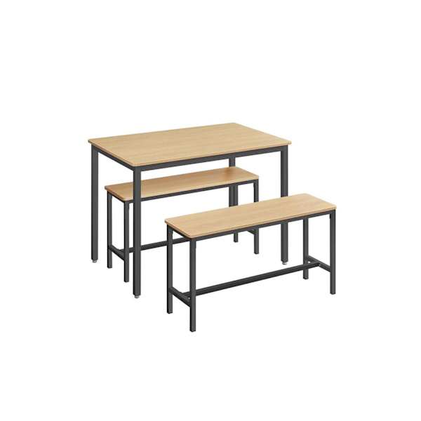 Rootz 3-osainen ruokailusetti - Keittiön pöytä - Puiset penkit - Lastulevy ja teräs - 70cm x 110cm x 75cm - Golden Oak Ink Black - 27,5kg