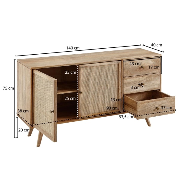 Rootz design senkki 140x75x40 cm massiivi mangopuuta - 3-laatikk