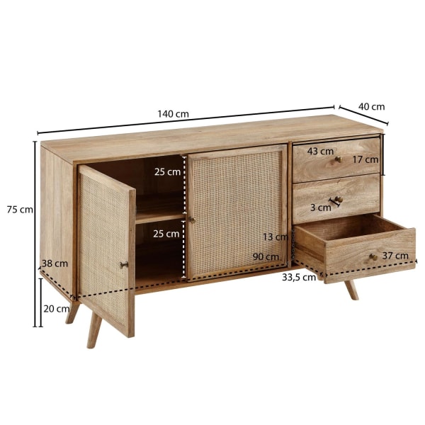 Rootz designskänk 140x75x40 cm massivt mangoträ - byrå med 3 lådor - Hög byrå av massivt trä - Ståskåp vardagsrum - 2 dörrfack