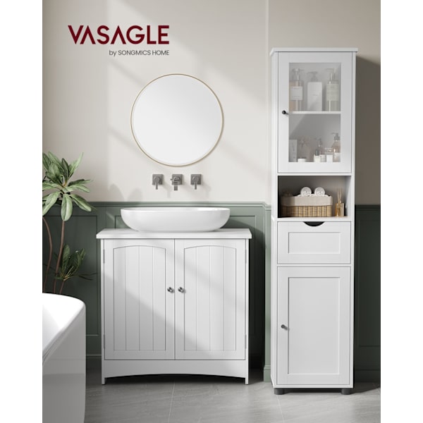 Rootz Badeværelsesskab - Opbevaringshylde - Organizer - Spånplade - Glas - 30cm x 40cm x 165cm - Cloud White - Letvægts - Nem montering