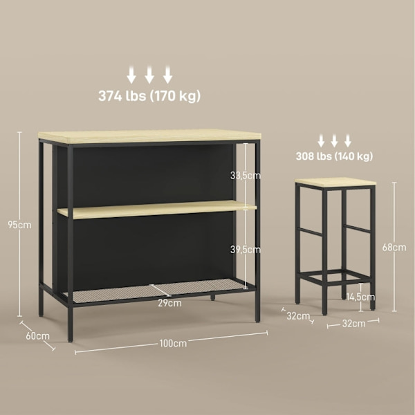 Rootz 3-delade barbordsset - Barstolar - Pubbord - Fläckbeständigt - Utrymmesbesparande - Stålstomme - 100W x 60D x 95H cm (Bord), 32W x 32D x 68H cm