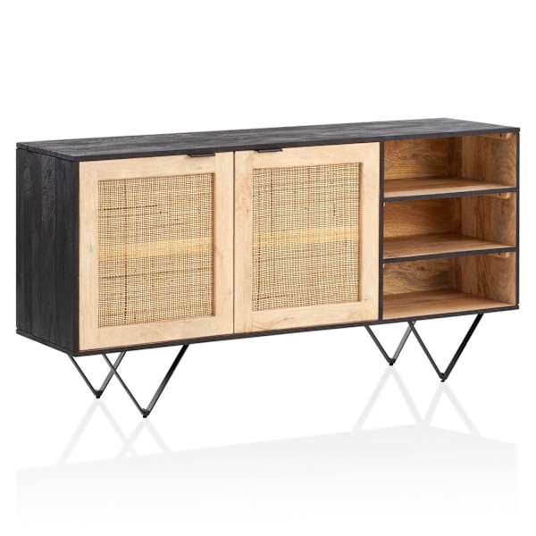 Rootz Skænk i massivt træ i rattan - Kommode - Opbevaringsskab - Håndlavet - Rummelig opbevaring - Moderne design - 145 cm x 75 cm x 40 cm