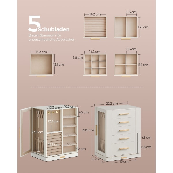 Rootz korurasia - Säilytyskotelo - Valkoinen samettivuorattu - Tyylikäs muotoilu - Kompakti koko - MDF-rakenne - 16 cm x 22,2 cm x 28,5 cm