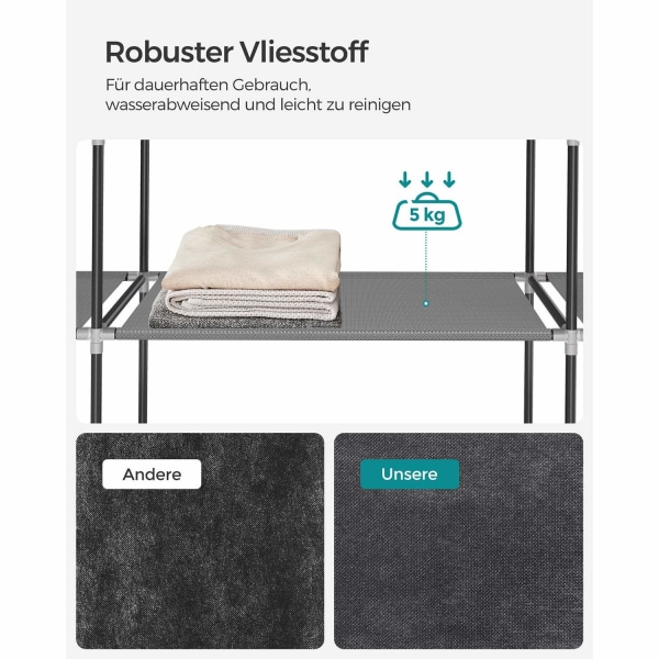 Rootz Grey Steel garderobeskab - Skab Organizer - Opbevaringsskab - Ikke-vævet stof - Plast - 45cm x 127cm x 176cm - Letvægts - Robust - Nem montering