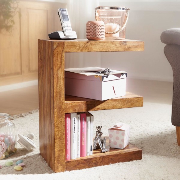 Rootz sidebord massivt træ Sheesham E Cube 60 cm højt stuebord design brunt sofabord i landlig stil