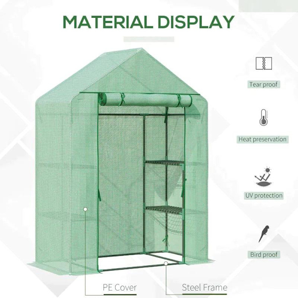Rootz Folie Växthus - Växthus med 6 hyllor - Walk-in Trädgårdsbod Växthus - Tomathus - Planthus Med Roll-up Entré - Kallram - Grön - 141 x 72 x 191 cm