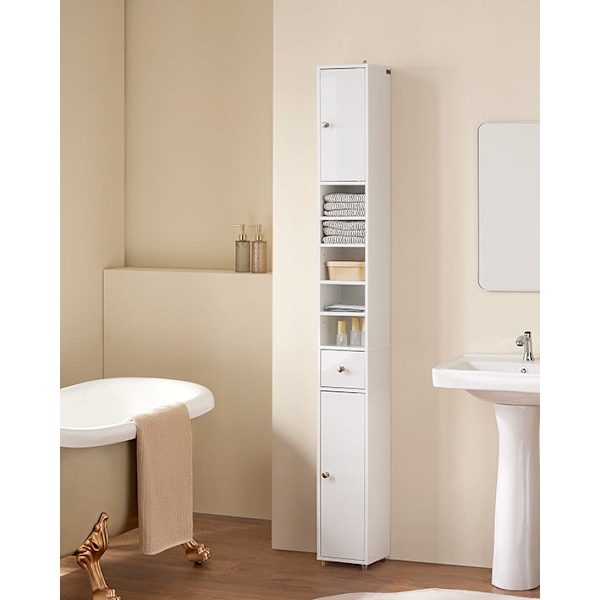 Rootz Tall Badeværelse Skab - Opbevaringsskab - Badeværelsesarrangør - Justerbare hylder - 20x180x20cm - MDF E1 - Højglans hvid