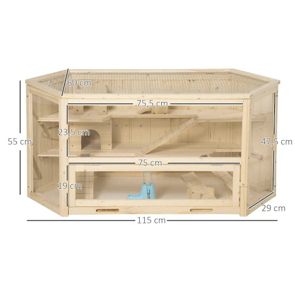 Rootz Smådyrsbur - Gnaverbur - Gnaverhus med 1 rampe - 1 vippe - Aftagelig gulvbakke - Grantræ - Naturlig - 115L x 60W x 55H cm