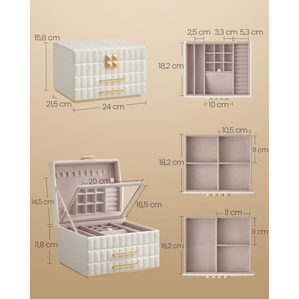 Rootz smyckeskrin - Organizer - Förvaringsfodral - PU-läder - Snygg design - 21,5 cm x 24 cm x 15,8 cm