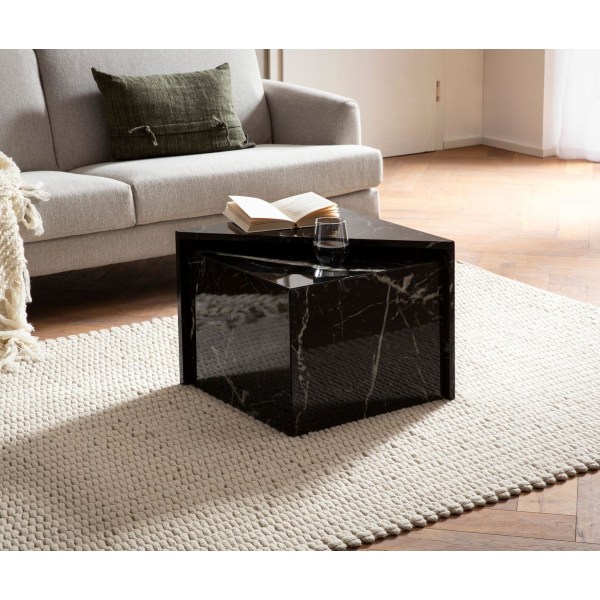 Rootz sofabordssæt med 2 - Monobloc borde - Sort højglans marmorlook - Elegant & pladsbesparende design - 50 cm x 50 cm x 41,5 cm & 46 cm x 46 cm x 36
