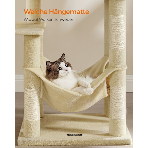 Rootz Cat Scratching Stolpe - Cat Tree - Cat Condo - Spånskiva - Plysch - Sisal Scratcher - 55cm x 45cm x 143cm - Beige - 13kg - 40kg Kapacitet