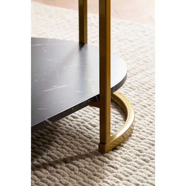 Moderne rektangulært sofabord - Sort og guld - Marmorlook - Afrundede hjørner - 100 cm x 60 cm x 45 cm - Opbevaringsområde - Robust metalstel - Elegan