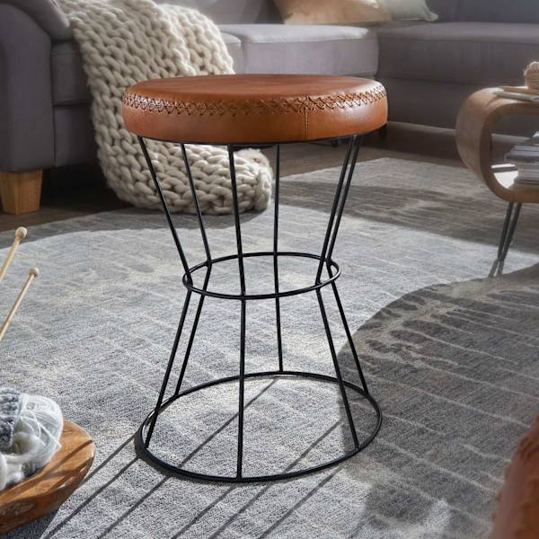 Rootz pall äkta läder - metall 35 x 48 x 35 cm designpall rund - Dekorativ pall med läderöverdrag Modern läderpall klädd i brunt
