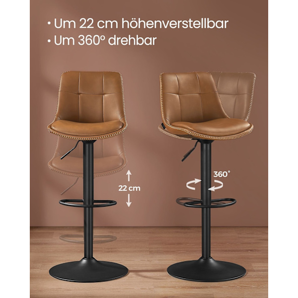 Rootz 2-delt sæt barstole - Køkkenskamler - Stole i modhøjde - PU-materiale - Forkromet stål - Skumpolstring - 44 cm x 48 cm x (90-112) cm - Karamelbr