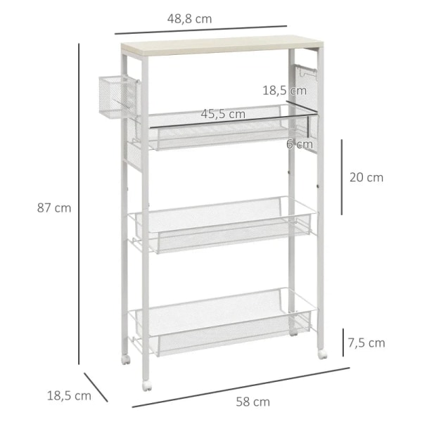 Rootz Nischvagn - Multifunktionsvagn - Köksvagn - 3 hyllor - Krokar - Spånskiva - Vit - 58 cm x 18,5 cm x 87 cm