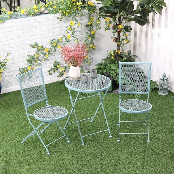 Rootz Bistro Set - Trädgårdssittplatser - Trädgårdsgruppsittplatser - Gruppsittplatser - 1 hopfällbart bord + 2 hopfällbara stolar - Metall - Ljusblå