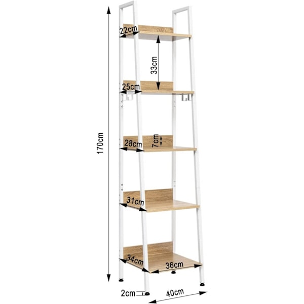 Rootz Industrial Style 5-lags stigehylde med kroge - Rustik reol - Stående hylde - Eg MDF - 40 cm x 170 cm x 36 cm