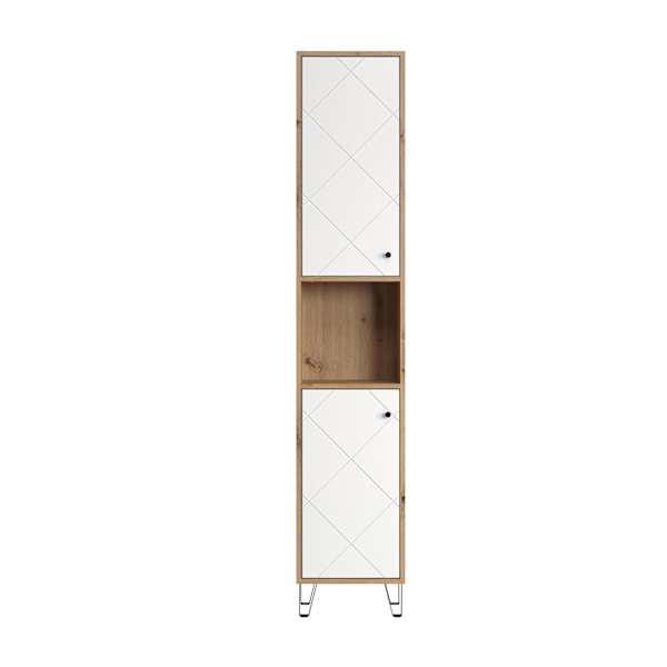Rootz Tall Bathroom Cabinet - Storage Unit - Washroom Organizer - Bath Furniture - Towel Stand - Shelving System - White Matt Lacquer with Artisan Oak
