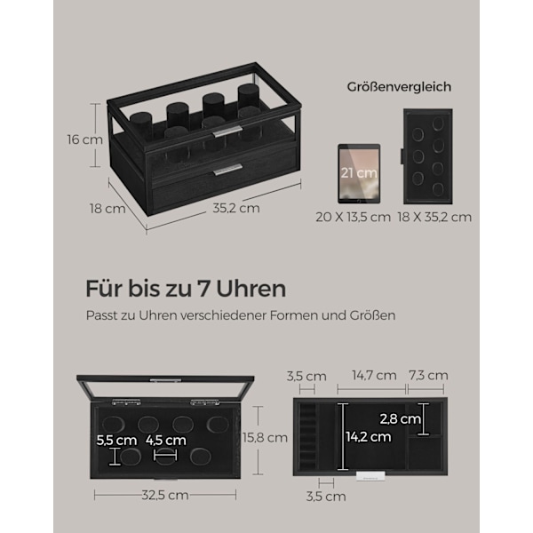 Rootz Watch Boxin järjestäjä - Korujen säilytyskotelo - Puinen näyttöteline - Massiivipuurakenne - Akryylikansi - MDF-sisä - 18 cm x 35,2 cm x 16 cm -