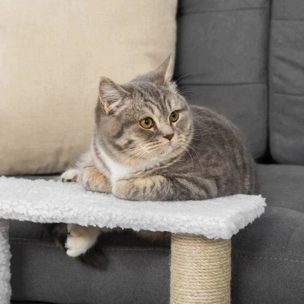 Rootz Pet Trappor - Skrapstolpe - Trappa - Katttrappa - Hundtrappa - Djurtrappa - Spånskiva/Jute/Plysch - Vit - 45 x 40 x 48 cm