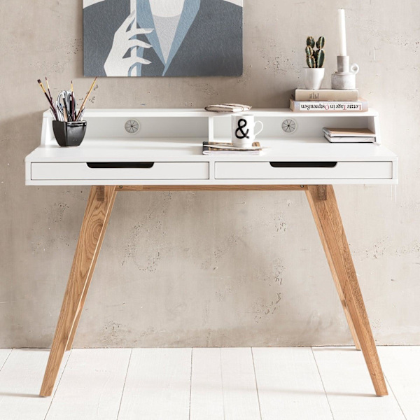 Rootz 110 x 85 x 60 cm MDF træ skandinavisk hvid mat arbejdsbord - Design laptop bord med kabelåbning - Kontorbord med egetræsben