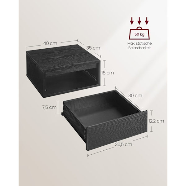 Rootz sæt med 2 flydende sengeborde - Vægmonterede hylder - Natborde - Træspånplader & MDF - 35 cm x 40 cm x 18 cm - 12,4 kg - 50 kg Kapacitet
