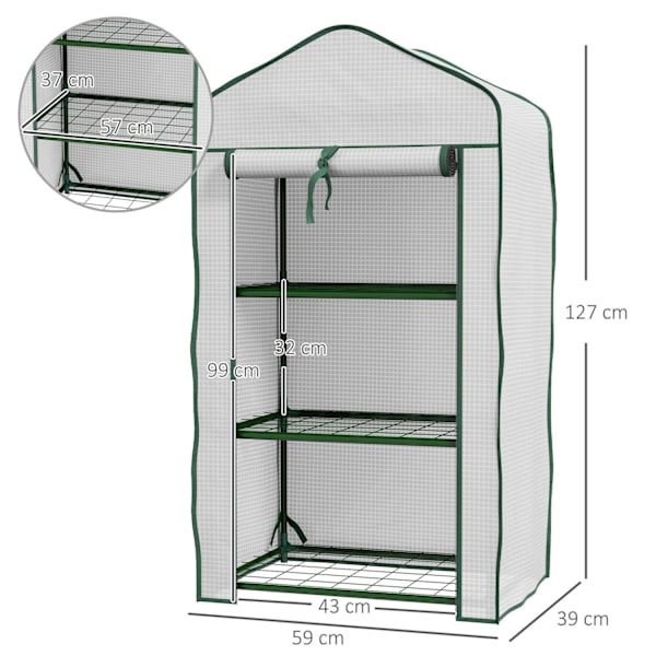 Rootz Garden Greenhouse 3 -kerrokset - Mini Greenhouse - Parveke kasvihuone - Suojaa kasveja - 59L x 39b x 127H cm