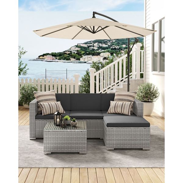 Rootz 4-delt grå PE polyrattan sofasæt - Udendørs møbler - Terrassesæt - VFT polstring - Pulverlakeret stål - Hærdet glas - 173cm x 60cm x 66cm
