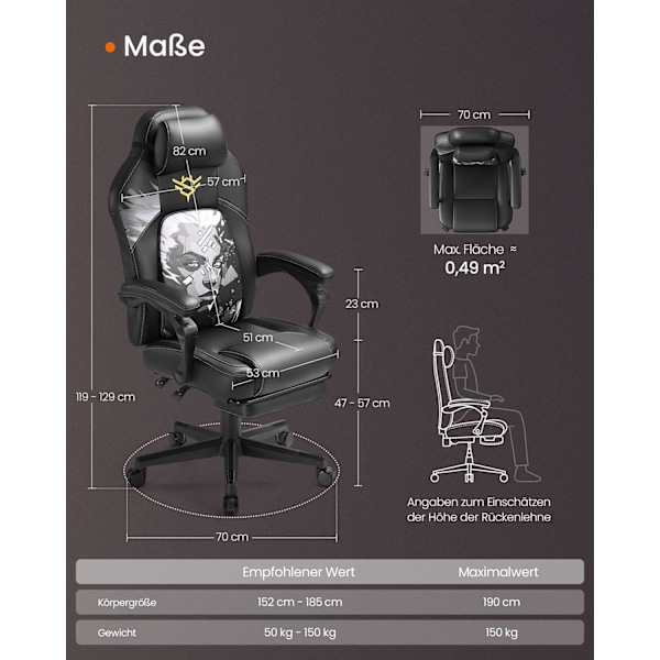 Rootz Højdejusterbar spilstol - Spilsæde - Gamerstol - Ergonomisk komfort - 70x70x (119-129) cm - Blæk sort