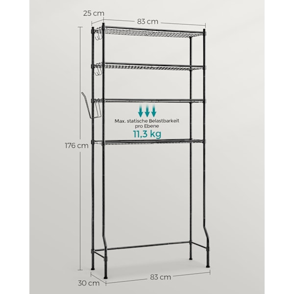 Rootz metal toilethylde - Sort opbevaringsstativ til badeværelset - Organiseringsstativ - Robust konstruktion - 30 cm x 83 cm x 176 cm