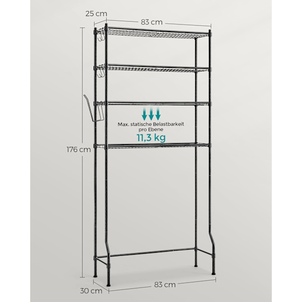 Rootz metallinen wc-hylly - Musta kylpyhuoneen säilytysteline - Järjestäjäteline - Tukeva rakenne - 30cm x 83cm x 176cm