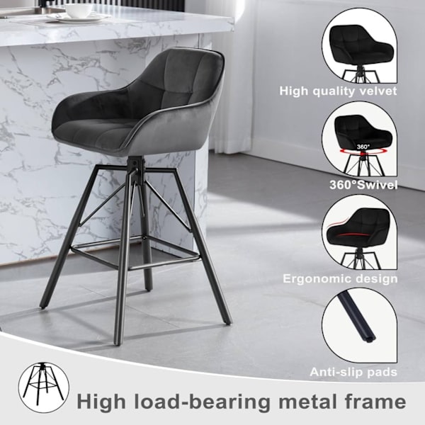 Rootz Velvet -baarijakkara - Keittiöjakkara - 360° Kääntyvä jakkara - Erittäin mukava - Ergonominen muotoilu - Metallirunko - 51 cm x 94,5 cm x 53 cm