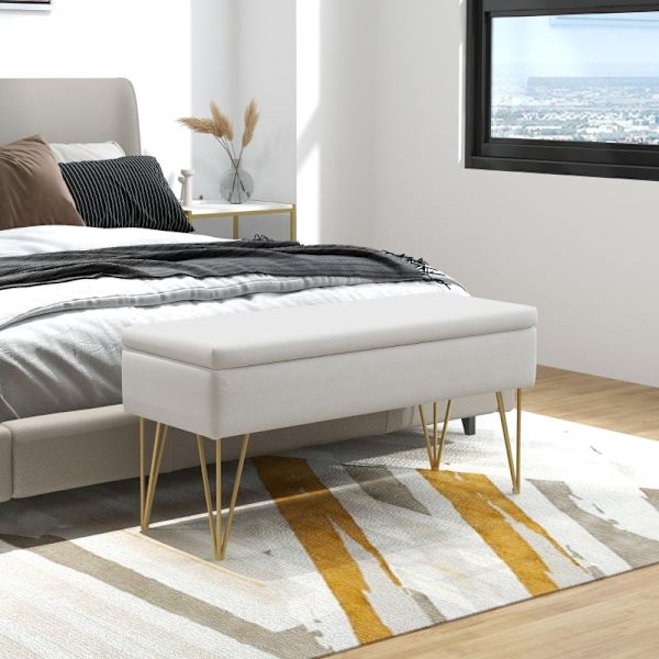 Rootz Sengebænk med opbevaringsplads - Soveværelsesbænk - Ottoman - Cremestof - Guld hårnåleben - 100 cm x 40 cm x 49 cm