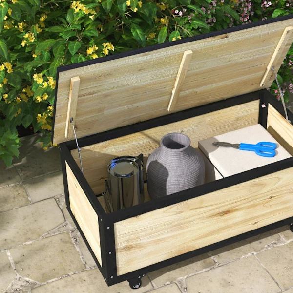 Rootz Haveopbevaringsboks - Udendørs opbevaringsboks - 121 liter - 2 hjul - Vejrbestandig - Metalramme - Grantræ - Naturligt træ - 100x50x43 cm