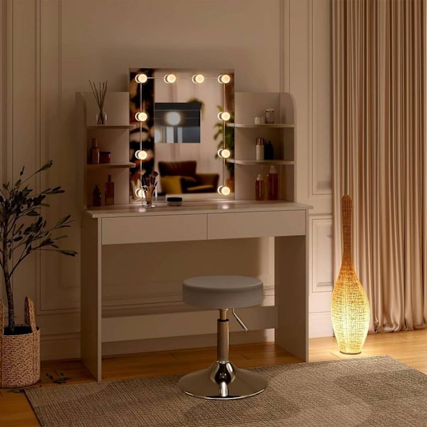 Rootz White Sminkbord med pall - Sminkbord - Skönhetsskrivbord - Justerbar LED-belysning - Gott om förvaring - Hållbar konstruktion - 108cm x 142cm x