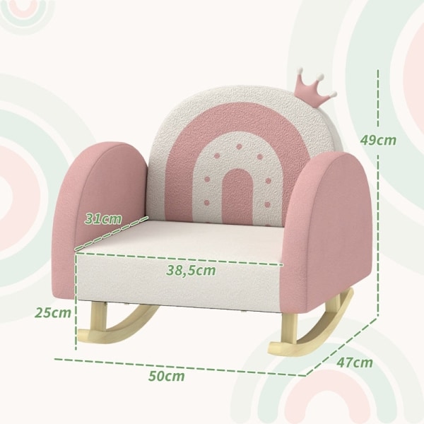 Rootz gyngestol til børn - Lænestol til børn - Hvilestol til småbørn - Kronedekoration og regnbuemønster - Fløjlsoverflade - 50 cm x 47 cm x 49 cm