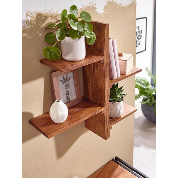 Rootz vägghylla 58x60x15 cm massiv sheesham trä trädform hängande hylla modern - Stor design flytande hylla - Hylla Hängande Vardagsrum - Bokhylla Väg