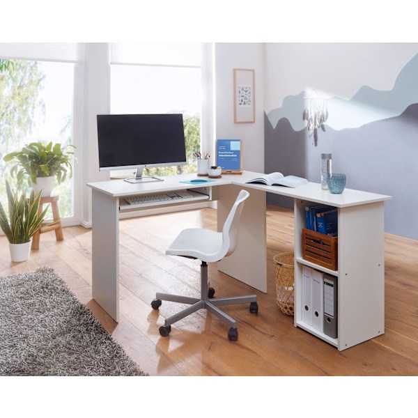 Rootz design pöytä 140 x 75,5 x 120 cm valkoinen - Työpöytä hyllyllä työhuone kotitoimisto pöytä toimisto moderni