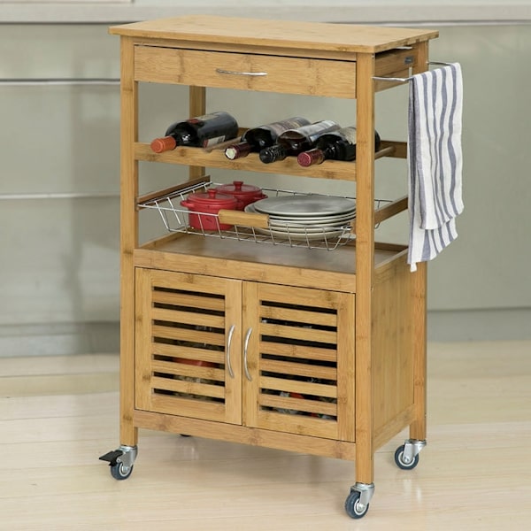 Rootz Bamboo Køkkenvogn med hjul - Tevogn - Serveringsvogn - Flaskestativ, Håndklædeholder, Aftagelig kurv - 60 cm x 92 cm x 36 cm