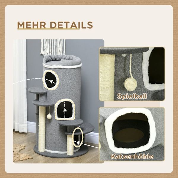 Rootz PawHut Cat Tree - Ultimativt kradsestolpe - Katteklatretårn - Multi-Level - Holdbart sisalreb - Blødt plysstof - Ø57 x 99H cm