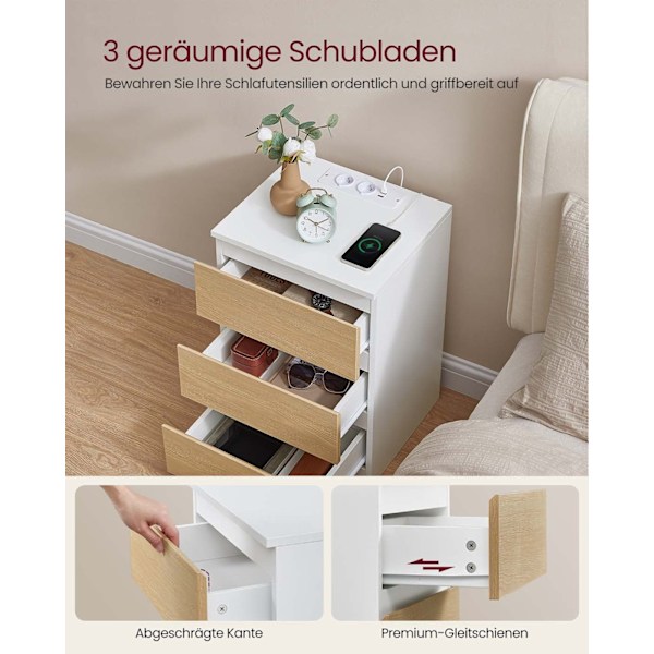 Rootz Bedside Table 2 Set With Drawer - Nightstand - Bedside Cabinet - Laddningsstation - 35 cm x 40 cm x 59 cm - Vit och brunt