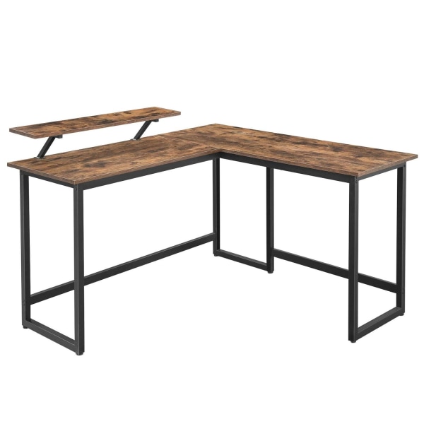 Rootz L-format skrivbord med skärmstativ för att studera, spela, arbeta - Justerbara ben - Metallram - Rustik brun - (140 x 130 x 76/91,5 cm)